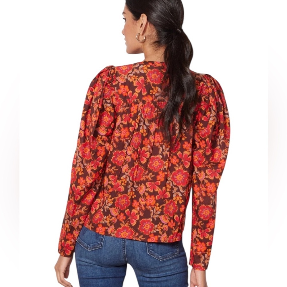Sundry Anthropologie Floral Button Down Puff Sleeve Blouse Brown Red Size 1 (S) - Picture 3 of 11